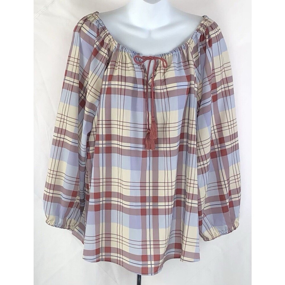 Daily thread Top 1X Blue Brown Plaid Tassel Neck Boho Hippie Peasant Cottage